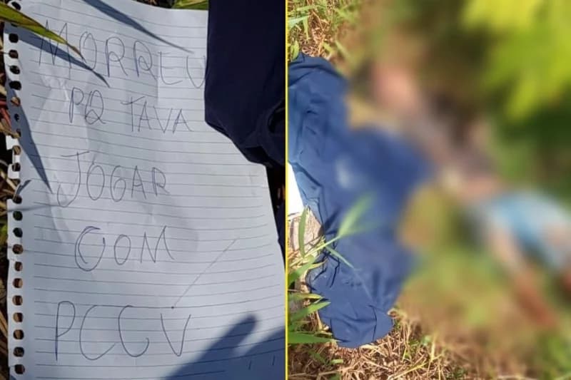 Com bilhete de facção, corpo é encontrado em área de mata