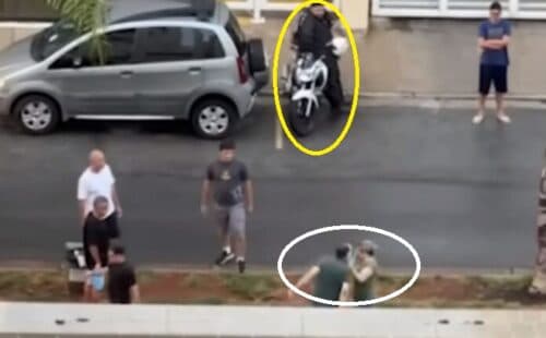 VÍDEO: Homem cospe em rosto de mulher durante discussão e é &#8216;nocauteado&#8217; por motoboy