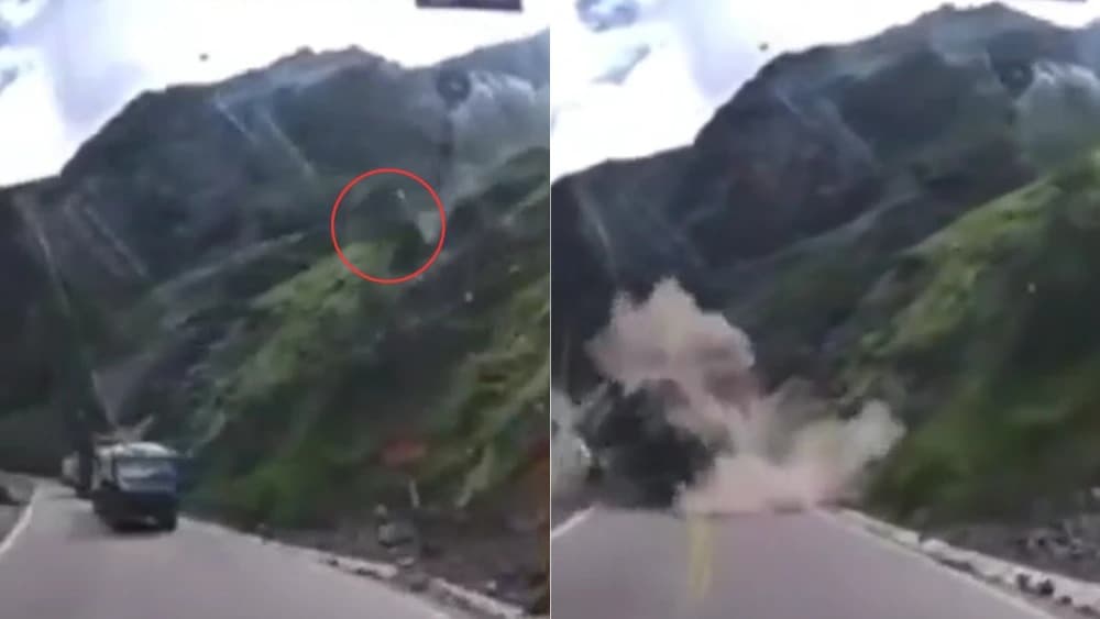 Vídeo: Rocha gigante se desprende e esmaga dois caminhões, no Peru