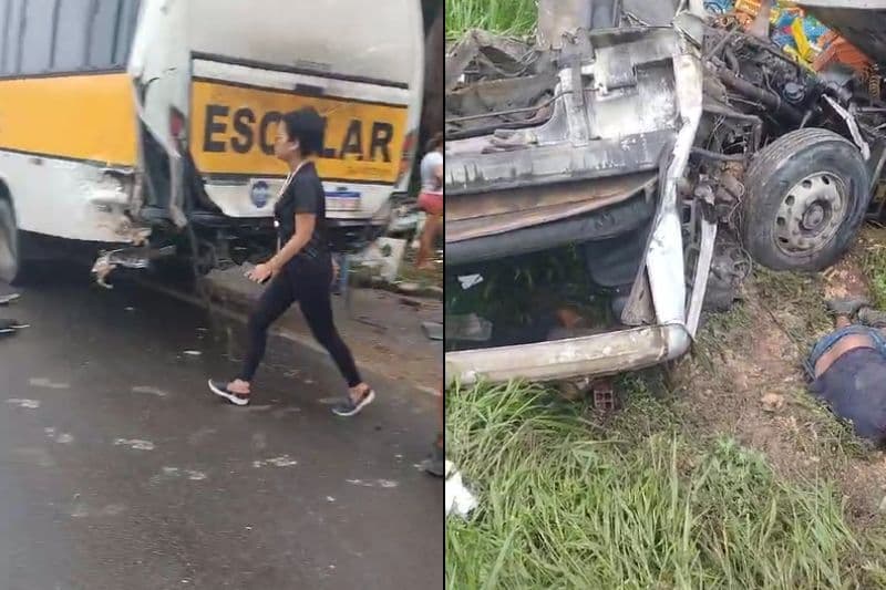 Acidente entre caminhão e ônibus escolar na BR-174 deixa 16 crianças feridas