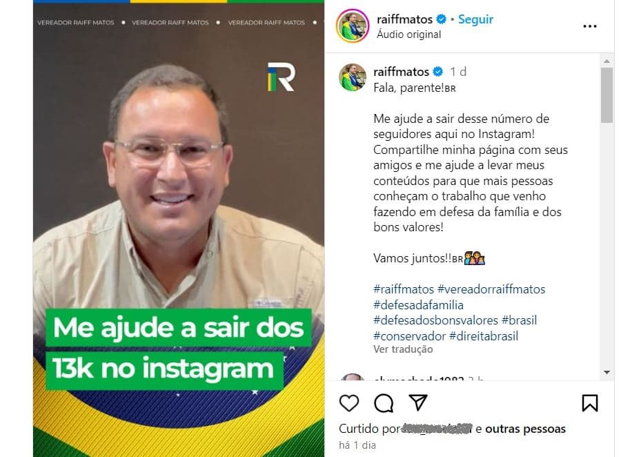 De direita, Raiff Matos consegue ultrapassar os 13 mil seguidores no Instagram após apelo