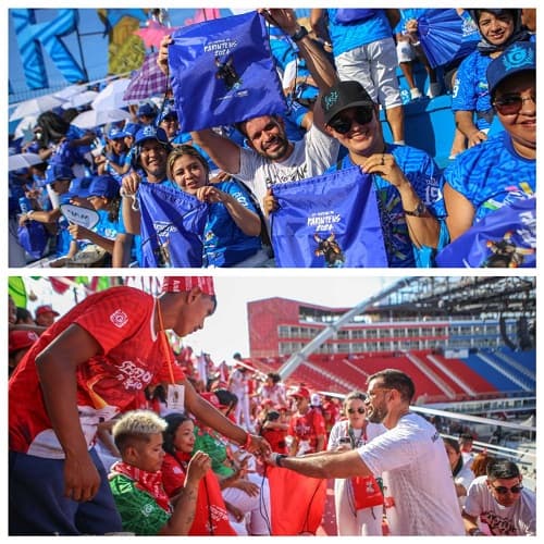 Mochilas e capas de chuva são distribuídas para a ‘galera’ dos Bois Caprichoso e Garantido, em Parintins