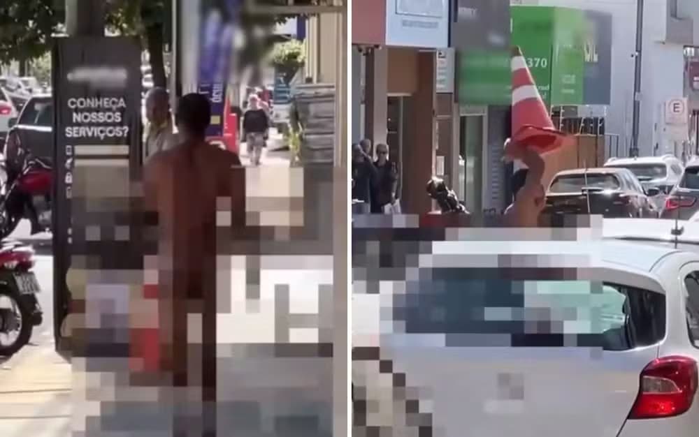 Em Goiás, homem é flagrado andando nu e arremessando cone