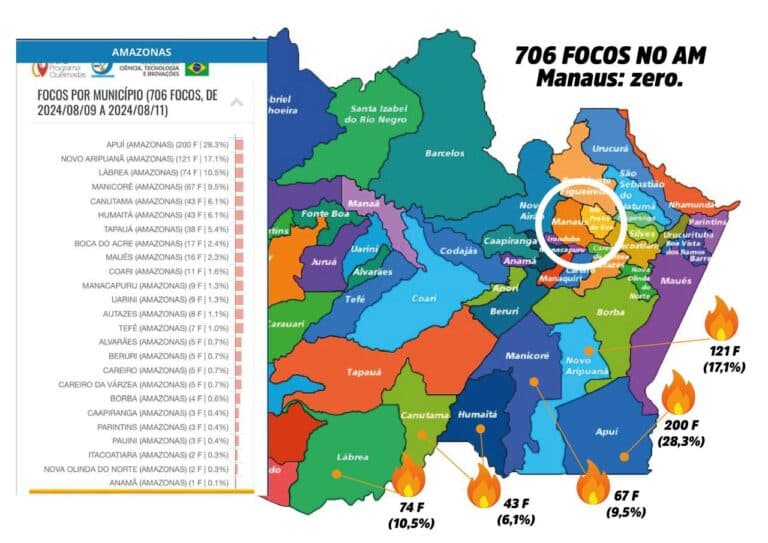 Mapa mostra mais de 700 focos de queimadas no Amazonas
