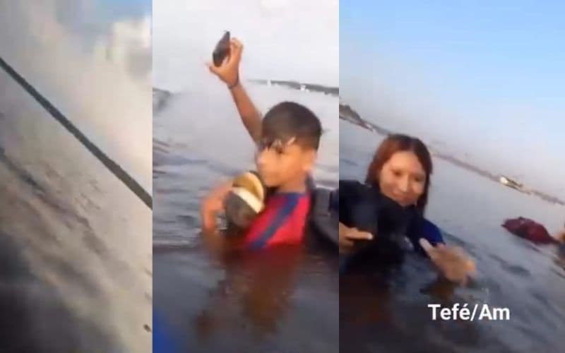 VÍDEO: Banzeiro afunda canoa e alunos caem na água em lago em Tefé