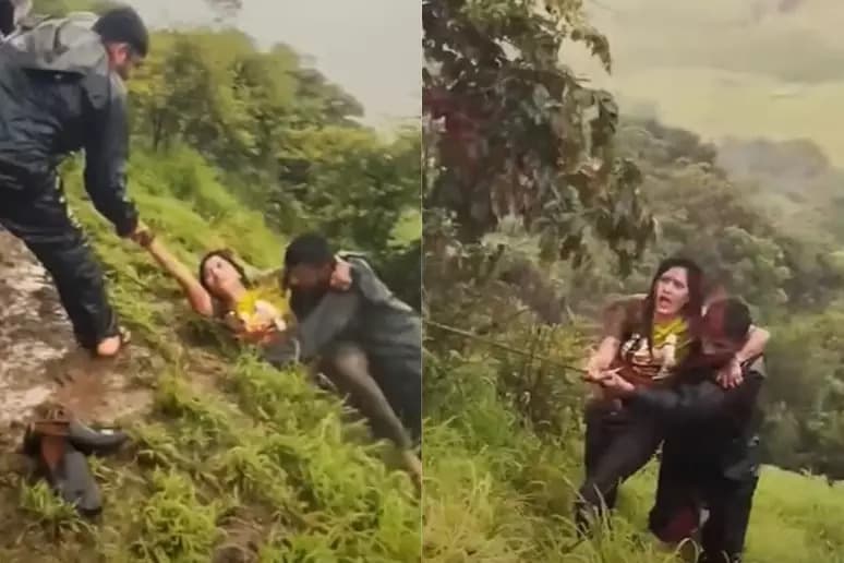 VÍDEO: Mulher cai de altura de 18 metros ao tentar fazer selfie em ribanceira na Índia