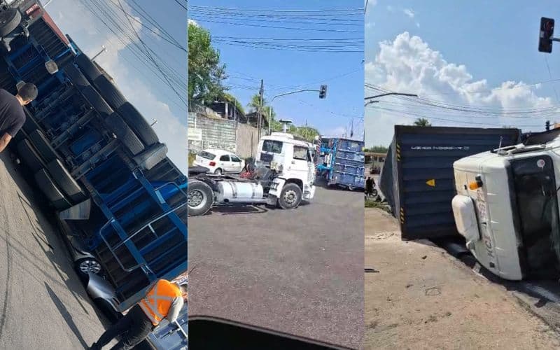VÍDEO: Imagens de câmeras de segurança mostram carreta tombando em cima de carro