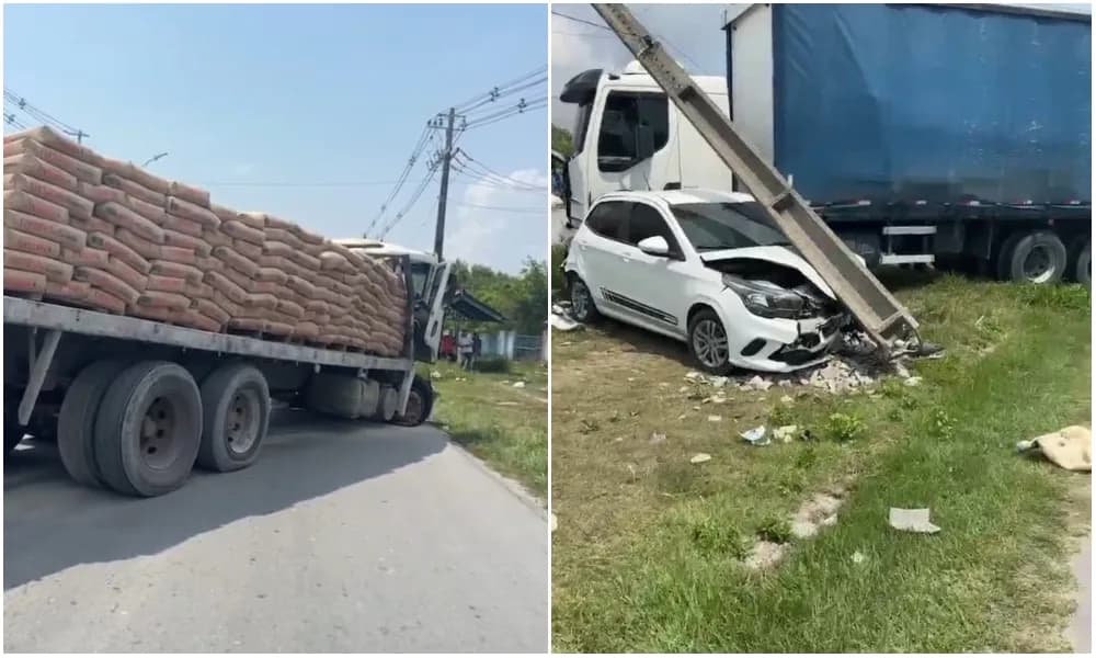 VÍDEO: Acidente entre carro e caminhões no Distrito Industrial de Manaus deixa um ferido