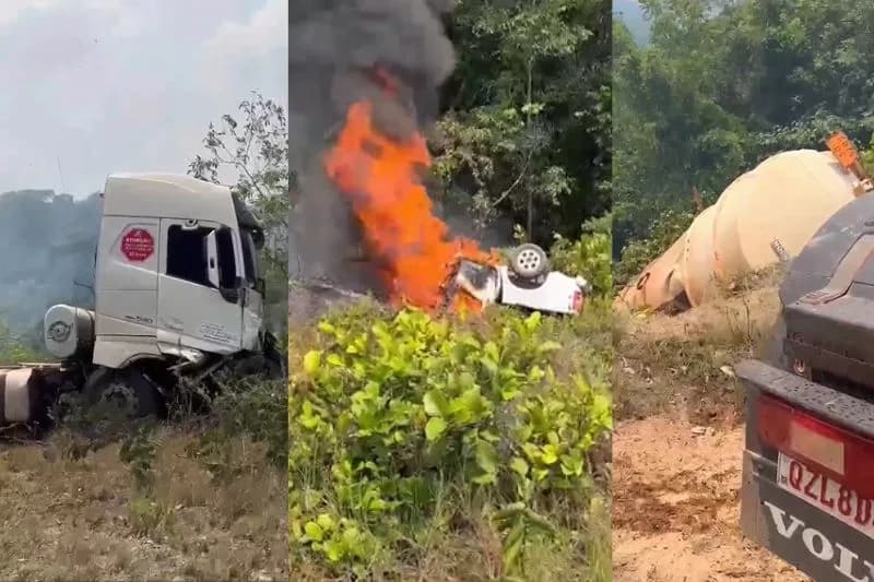 VÍDEO: Caminhonete pega fogo após grave acidente com caminhão na BR-174; uma morte confirmada