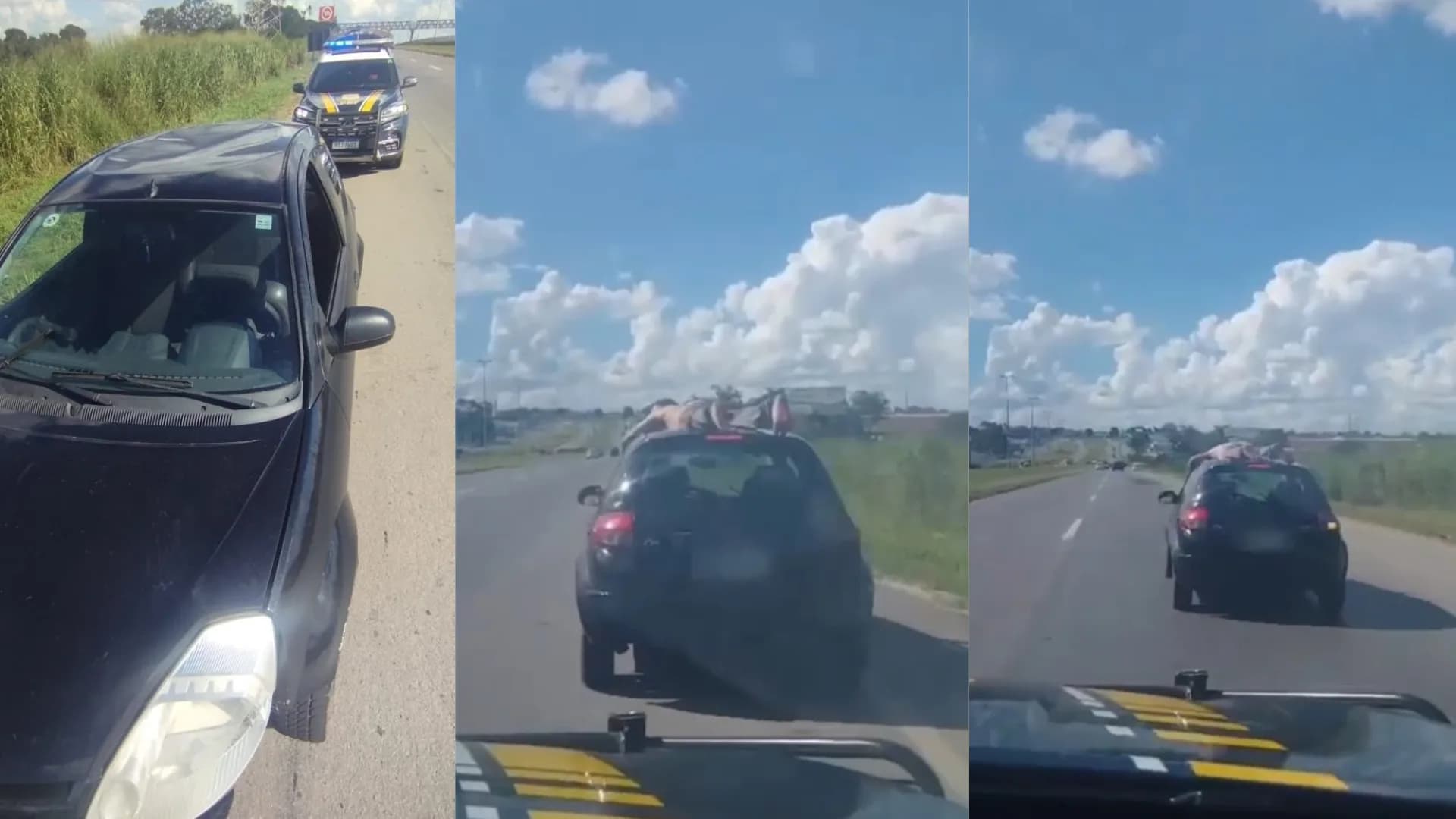 VÍDEO: Homem nu é filmado no teto de carro a mais de 100 km/h em estrada de GO e é perseguido pela PRF