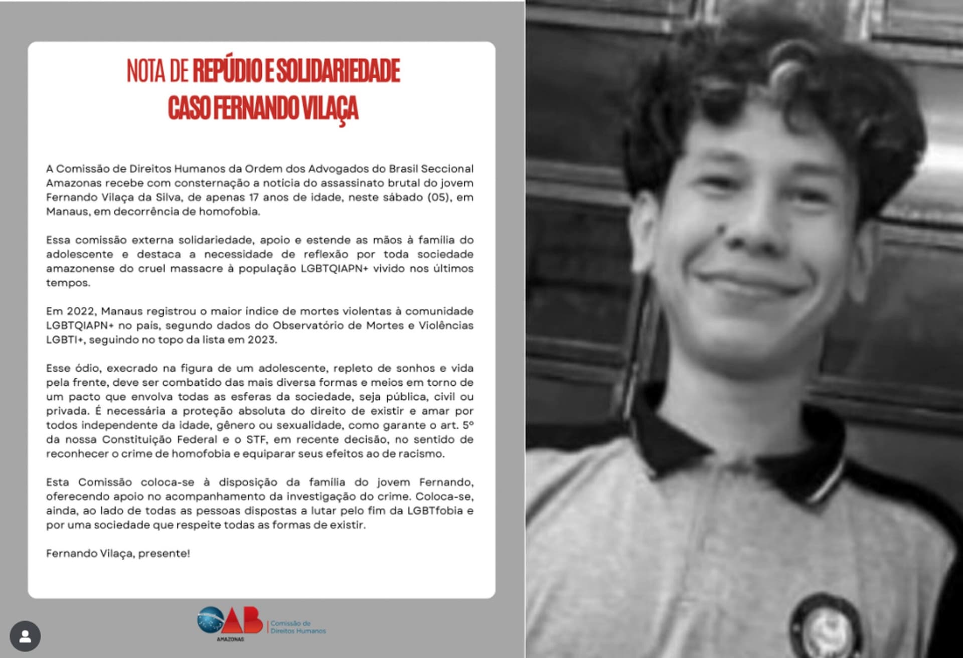OAB-AM emite nota de repúdio por morte de Fernando Vilaça e cobra combate à LGBTfobia