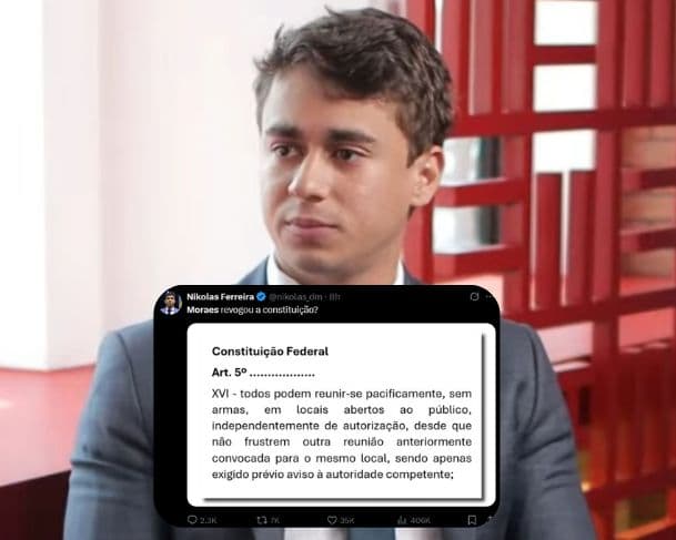 Nikolas Ferreira critica decisão de Moraes que proíbe acampamentos em Brasília: “Revogou a Constituição?”