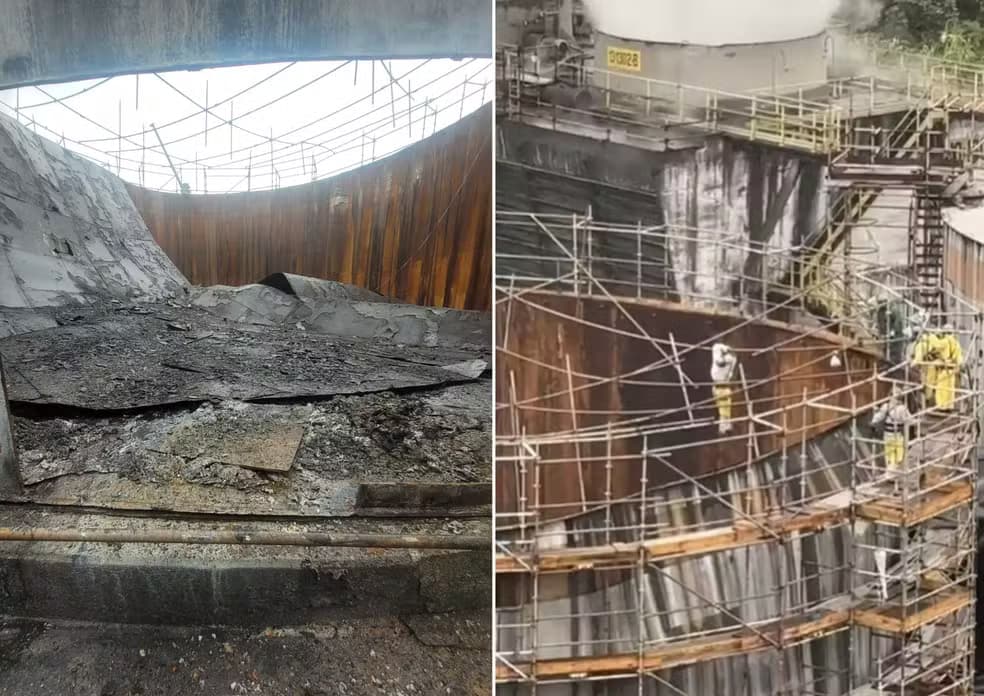 VÍDEO: Trabalhadores ficam pendurados em andaime após tanque industrial ceder no interior de São Paulo