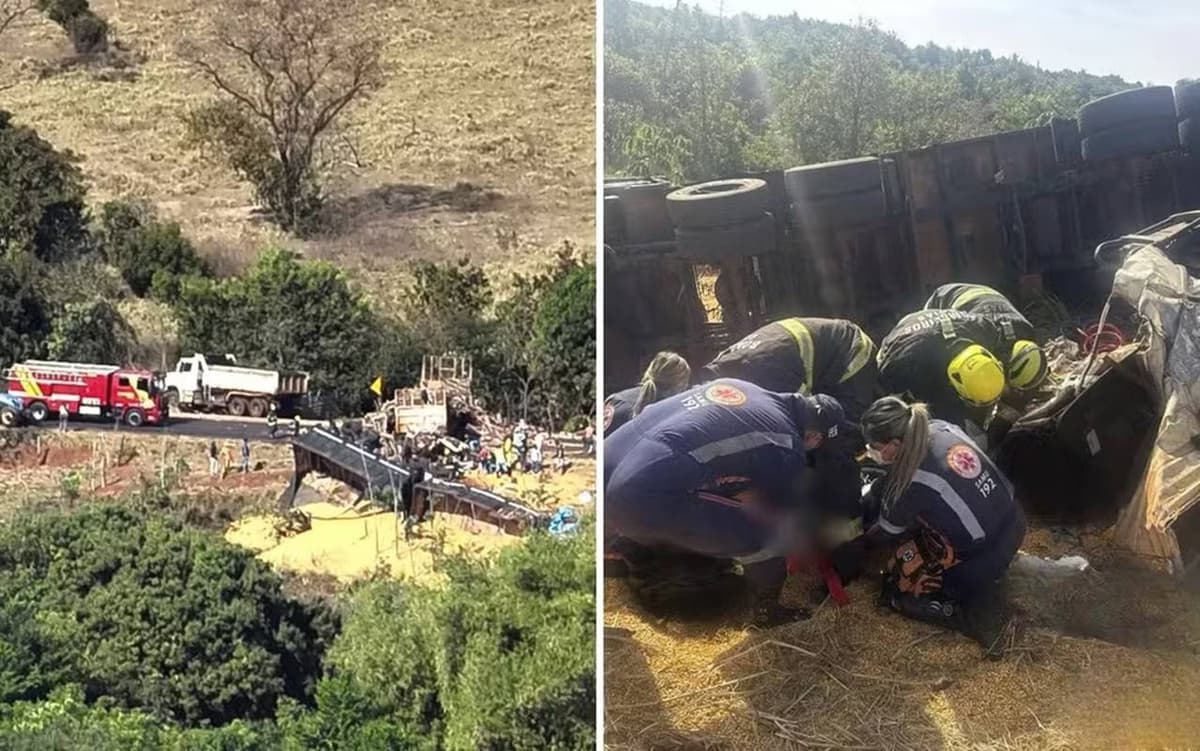 Duas pessoas morreram e três ficam feridas após colisão entre caminhões e trator em Goiânia