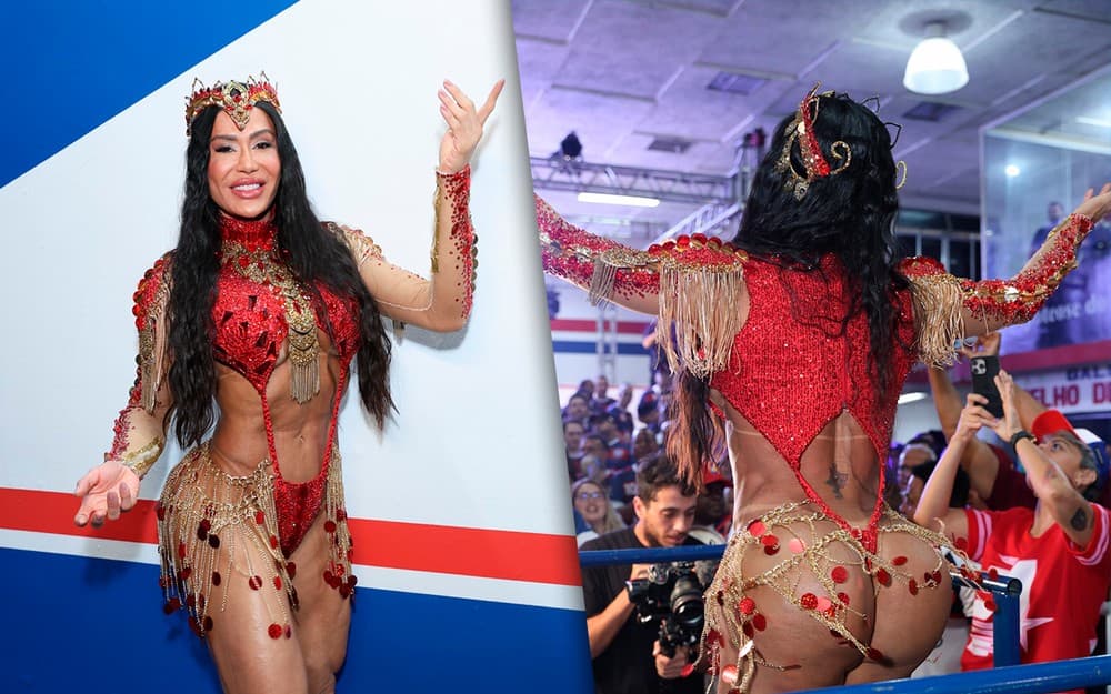 Com figurino ousado, Gracyanne samba com tatuagem de Belo à mostra