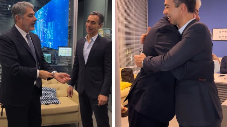 VÍDEO: William Bonner e César Tralli se cumprimentam na redação do JN após substituição
