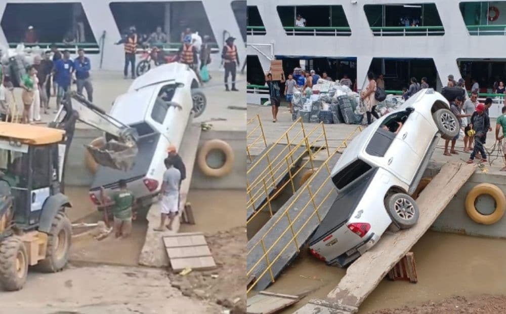 Caminhonete tomba durante manobra com pranchas de madeira no porto de Manicoré; vídeo