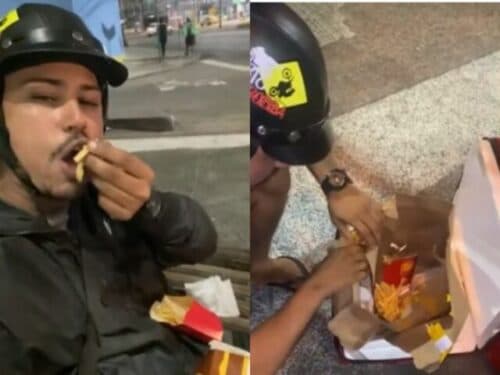 VÍDEO: Motoboy viraliza ao aparecer comendo lanches de clientes
