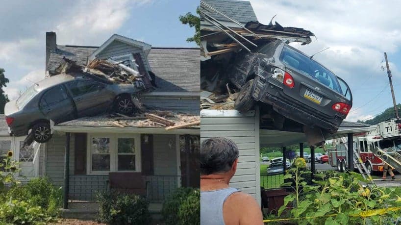 Acidente bizarro: Carro “voador” atinge 2º andar de casa nos Estados Unidos