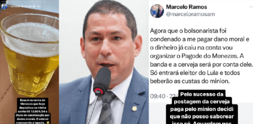 Marcelo Ramos comemora com cerveja idenização de R$ 13 mil paga por Coronel Menezes