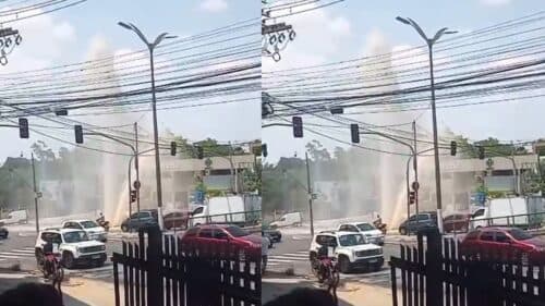 VÍDEO: Rompimento em tubulação faz “cascata” e interrompe abastecimento de água, em Manaus