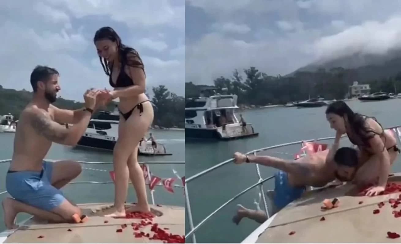 VÍDEO: Noivo cai no mar durante pedido de casamento romântico, em SC