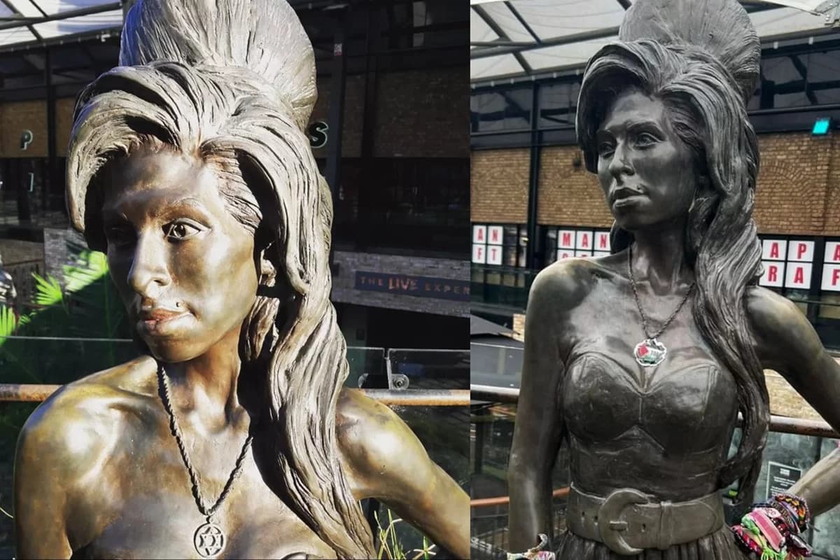Colar da estrela de Davi na estátua de Amy Winehouse, em Londres, é coberto com a bandeira palestina