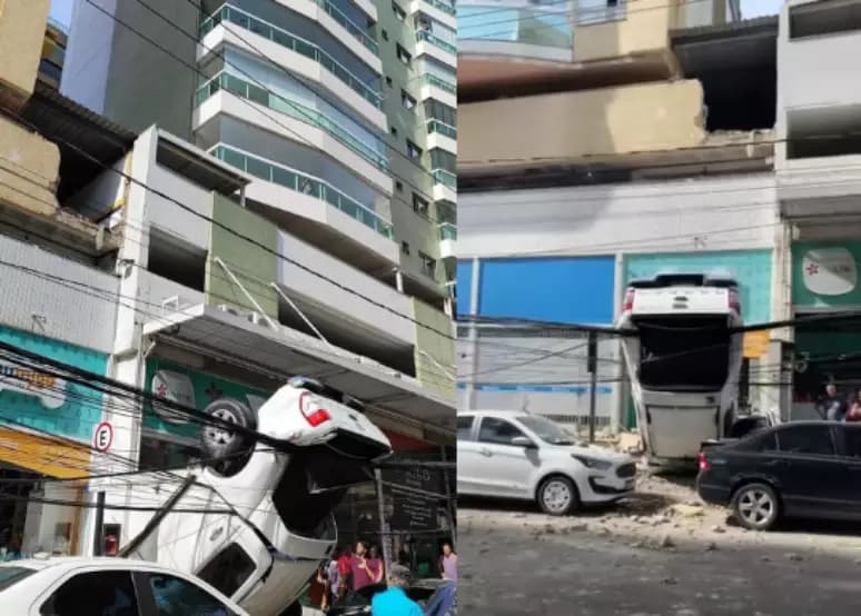 VÍDEO: Caminhonete despenca de estacionamento e cai em via em Vila Velha no ES