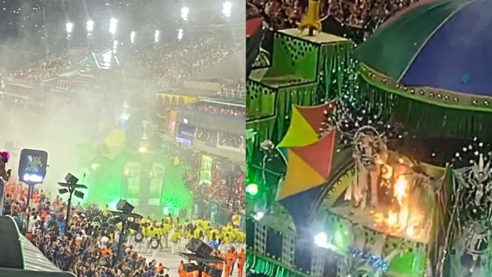 VÍDEO: Carro alegórico tem princípio de incêndio durante desfile no Rio de Janeiro