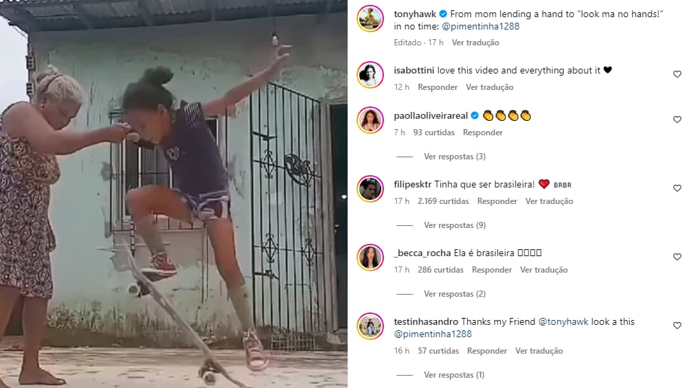 Tony Hawk compartilha vídeo de jovem skatista brasileira