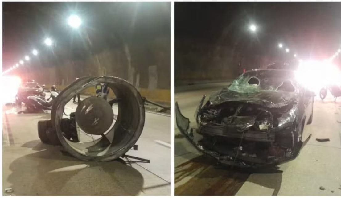 Ventilador cai do teto de Rodoanel e atinge 2 carros e uma moto, em SP
