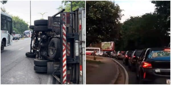 Caminhão que transportava laranja tomba na Av. Rodrigo Otávio e deixa trânsito caótico