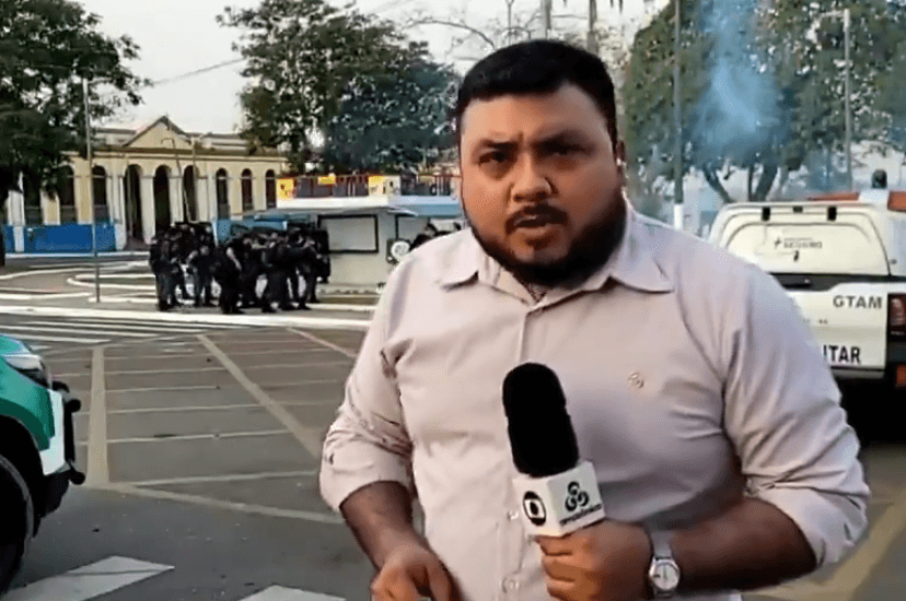Repórter ‘entra ao vivo no jornal’ e fica no fogo cruzado entre garimpeiros e PF, em Humaitá