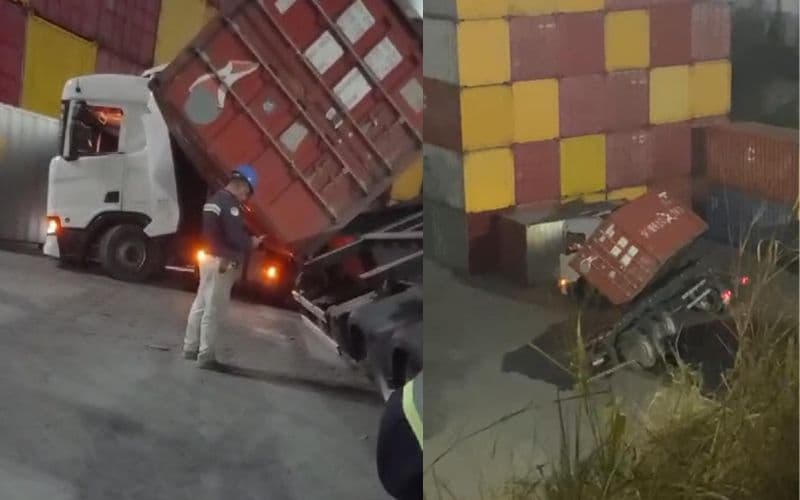 VÍDEO: Contêiner se desprende e atinge cabine de carreta no Porto Chibatão