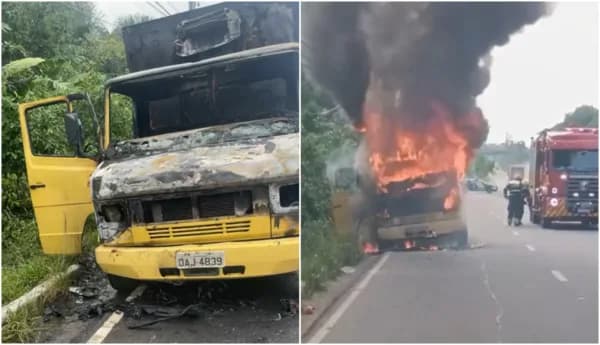 VÍDEOS: caminhão fica destruído após pegar fogo no bairro Tarumã