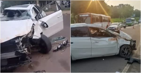 VÍDEOS: Carro fica destruído após capotar na Avenida Brasil, em Manaus