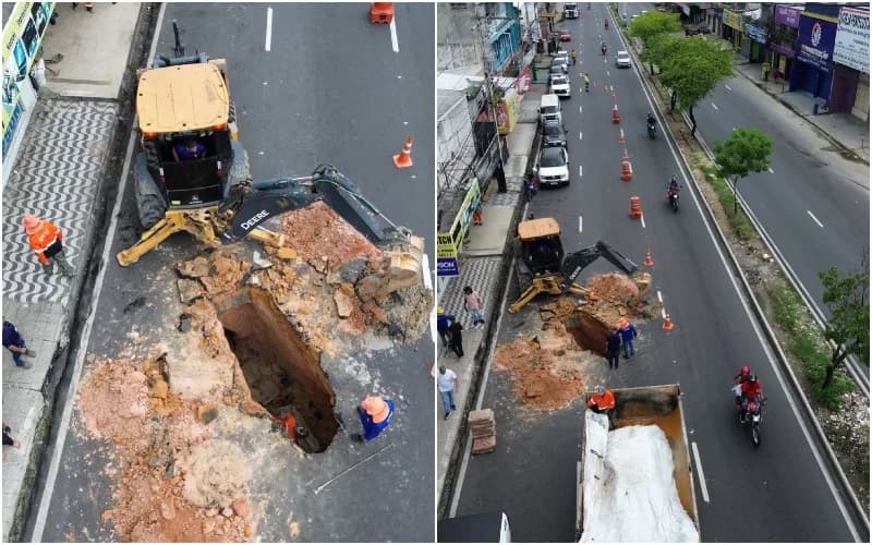 Acúmulo de lixo provoca rompimento em rede de drenagem na Av. Autaz Mirim