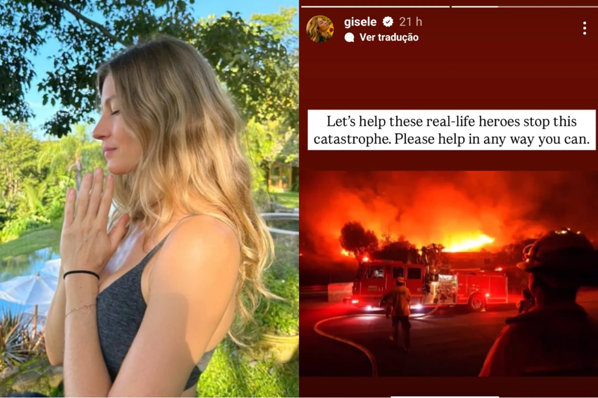 Gisele Bündchen faz e pede doações para ajudar vítimas de incêndios na Califórnia
