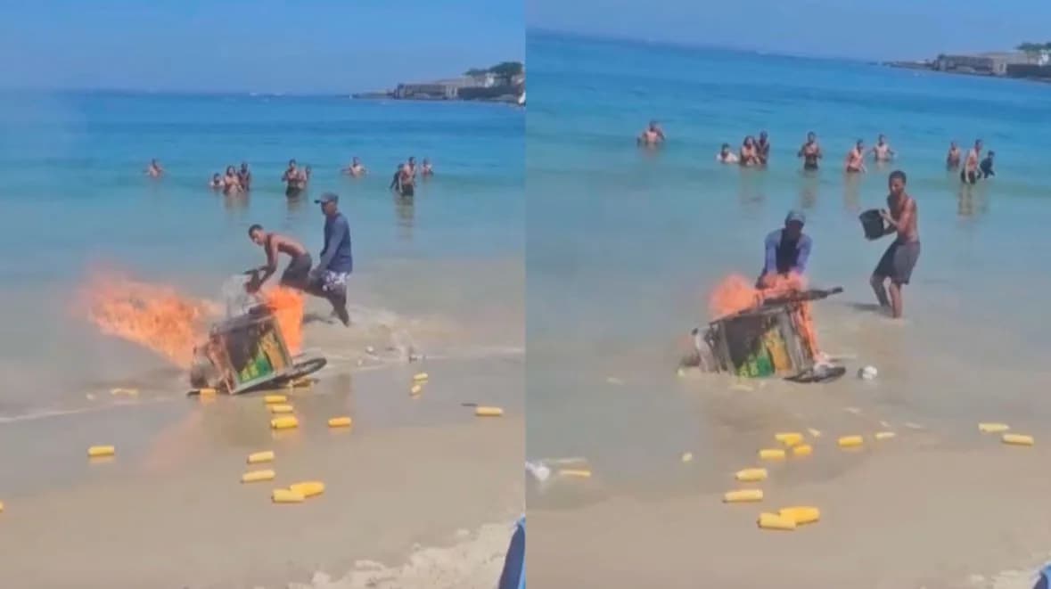 VÍDEO: Carrinho de milho expode e pega fogo na praia de Copacabana