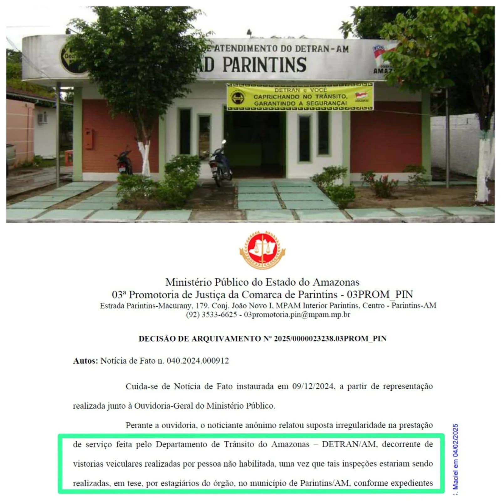 Exclusivo: denúncia de estagiários realizando vistoria veicular em Parintins é arquivada pelo MPAM