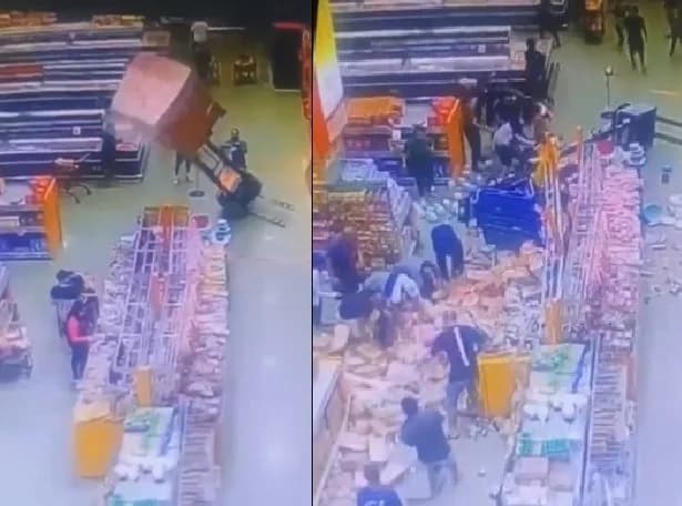 VÍDEO: Mulher é atingida por carga de leite condensado em supermercado no RS