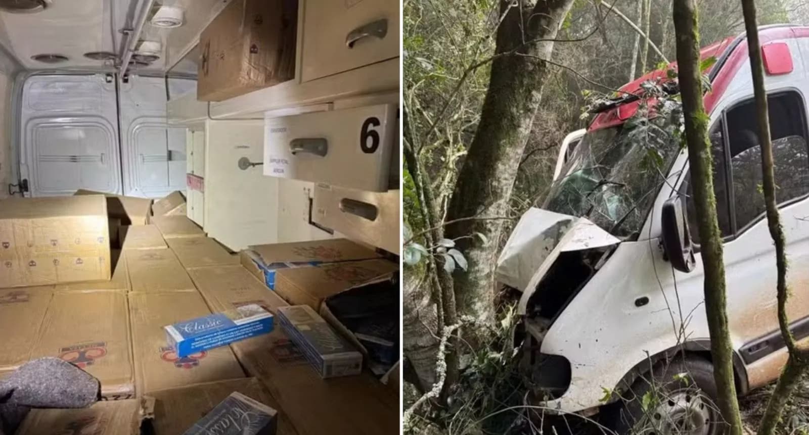 Ambulância com cigarros contrabandeados bate em árvore; motorista e outros 2 foram presos