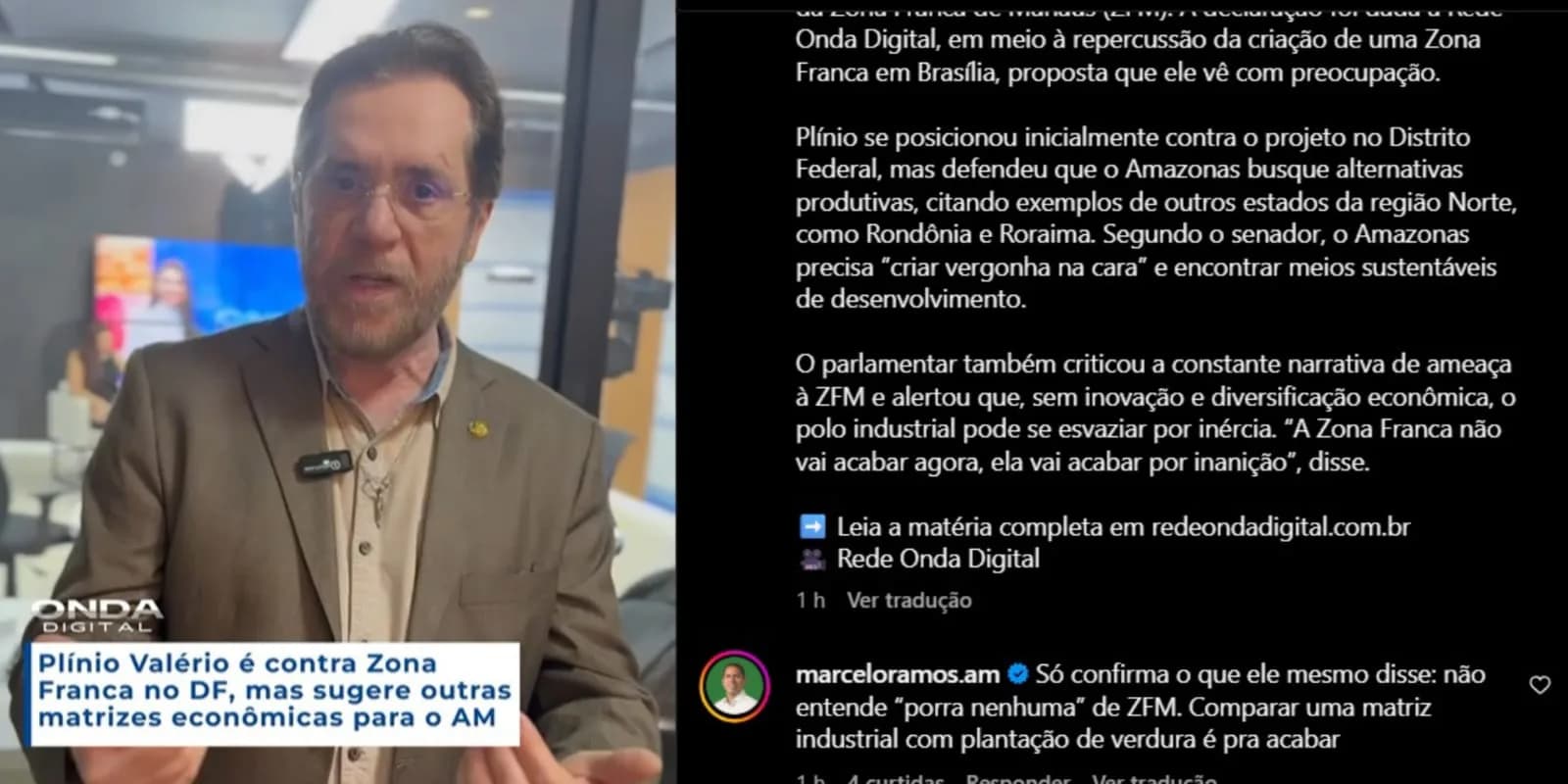Plínio Valério leva invertida de Marcelo Ramos ao falar de Zona Franca: “Como ele diz, não entende po**@ nenhuma de ZFM”