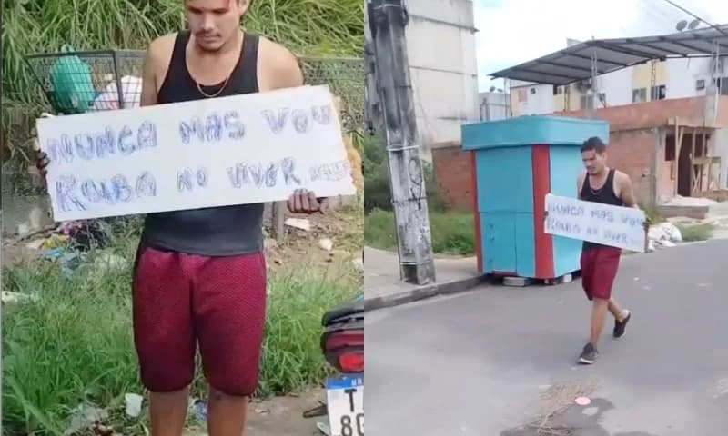 Com a placa “nunca mais vou roubar” suspeito de furto leva punição de moradores em Manaus; veja