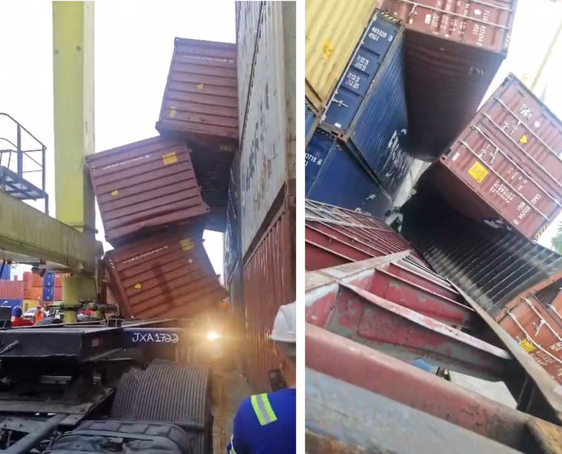 URGENTE: contêineres desabam sobre caminhão no Porto Chibatão em Manaus; motorista é resgatado