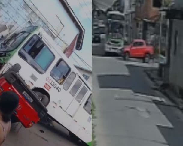Veja momento de acidente que ônibus fica sobre carro capotado em Manaus