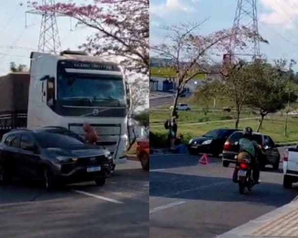 Acidente entre dois carros e uma carreta causa lentidão na Avenida das Torres
