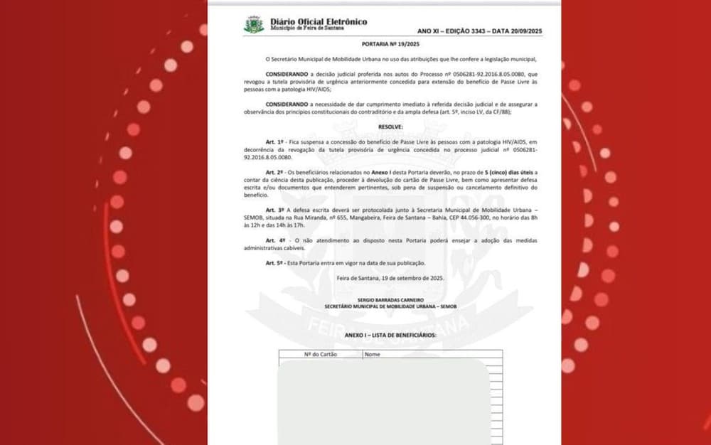 Prefeitura de Feira de Santana divulga por engano nomes de pessoas com HIV ao suspender passe livre