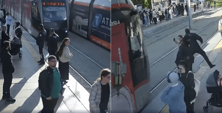 Segurança salva mulher de ser atropelada por trem na Turquia