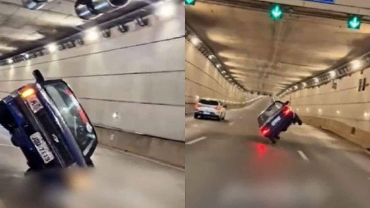 Carro anda sobre duas rodas em túnel e vídeo viraliza
